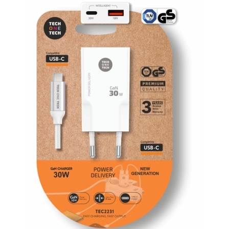 Cargador de Pared Tech One Tech TEC2231/ 1xUSB Tipo-C/ 1xUSB + Cable USB Tipo-C/ 30W/ Blanco_0