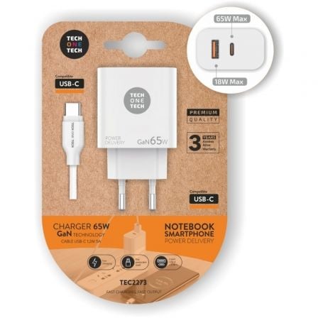 Cargador Gan de Pared Tech One Tech GaN PD TEC2273 / 1xUSB Tipo-C/ 1x USB/ 65W_0