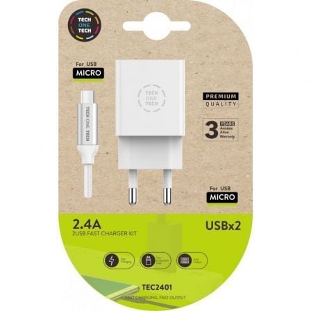 Cargador de Pared Tech One Tech TEC2401/ 2xUSB + Cable Micro USB/ 2.4A/ Blanco_0