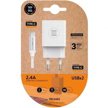 Cargador de Pared Tech One Tech TEC2403/ 2xUSB + Cable USB Tipo-C/ 2.4A/ Blanco_0