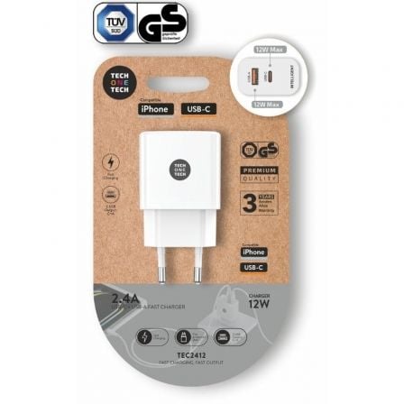 Cargador de Pared Tech One Tech TEC2412/ 1xUSB Tipo-C/ 1xUSB/ 12W/ Blanco_0