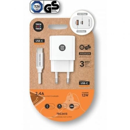 Cargador de Pared Tech One Tech TEC2413/ 1xUSB Tipo-C/ 1xUSB + Cable USB Tipo-C/ 12W/ Blanco_0