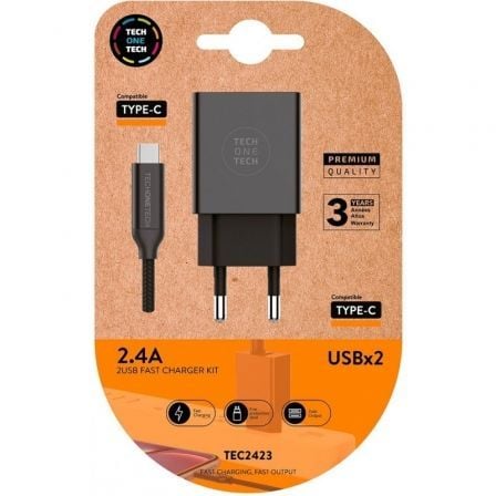Cargador de Pared Tech One Tech TEC2423/ 2xUSB + Cable USB Tipo-C/ 2.4A/ Negro_0