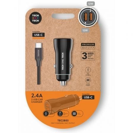 Cargador de Coche Tech One Tech TEC2803/ 2xUSB + Cable USB Tipo-C/ 12W_0