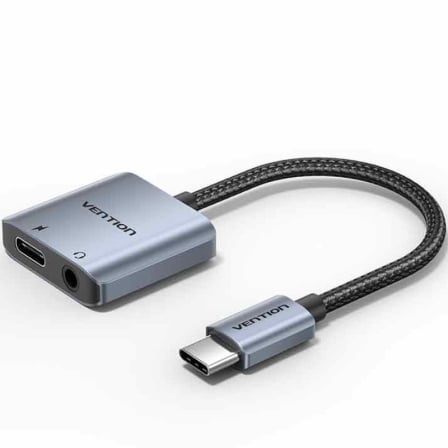 Adaptador Audio Vention BIGHA/ USB Tipo-C Macho - Jack 3.5 Hembra/ USB Tipo-C PD Hembra/ Gris_0