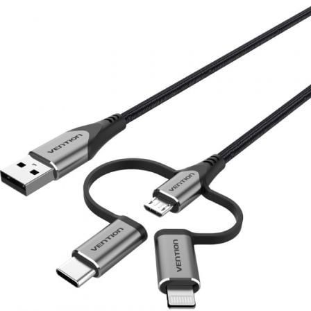 Cable USB 2.0 Tipo-C Vention CQJHG/ USB Macho/ USB Tipo-C Macho - MicroUSB Macho - Lightning Macho/ 480Mbps/ 1.5m/ Gris_0