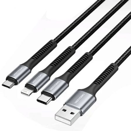 Cable USB 2.0 Lightning Vention H18BAV/ USB Tipo-C Macho/ Lightning Macho - MicroUSB Macho - USB Macho/ 1.2m/ Negro_0