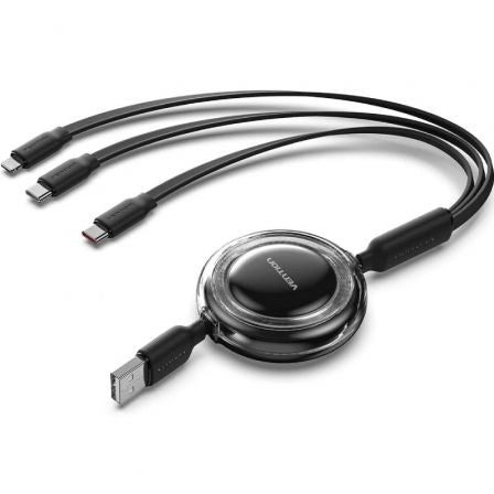 Cable USB Retráctil Vention TRJBBE/ USB Macho - Lightning/ 2xUSB Tipo-C/ Hasta 17.5W/ 10Gbps/ 1.1m/ Negro_0