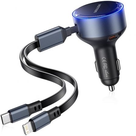 Cargador de Coche Vention FFOB0/ 1xUSB Tipo-C Macho/ 1xUSB Tipo-C hembra/ 1xLightning Macho/ 30W_0
