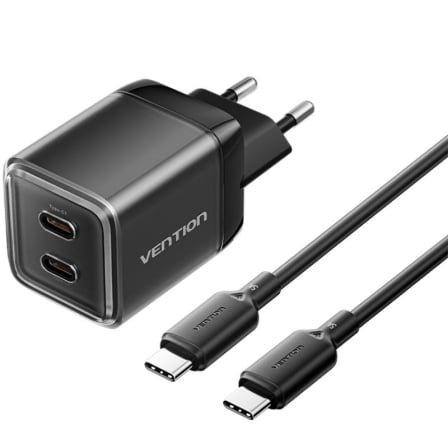 Cargador de Pared GaN Vention TZ-FCFB0-EU/ 2xUSB Tipo-C + Cable USB Tipo-C/ 45W_0