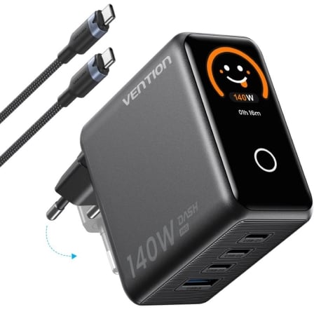 Cargador de Pared GaN Vention TZ-FCOH0-EU/ 3xUSB Tipo-C + Cable USB Tipo-C/ 1xUSB/ 140W_0