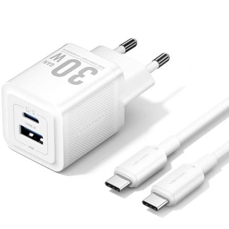 Cargador Gan de Pared Vention TZ-FEQW0-EU-01/ 1xUSB Tipo-C/ 1xUSB + Cable USB Tipo-C/ 30W_0