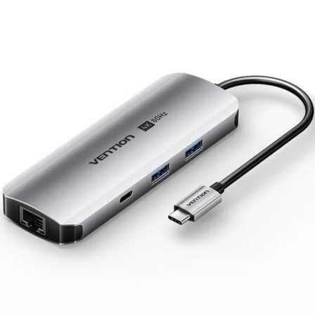 Docking USB Tipo-C Vention TQMHB/ 1xHDMI 4K/ 2xUSB/ 1xUSB Tipo-C/ 1xJack 3.5mm / 1xRJ45/ 1xUSB Tipo-C PD/ 1xLector Tarjetas/ Gris_0