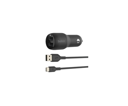 CARICABATTERIE AUTO DUE PORTE USB-A + CAVO USB-A A USB-C 1M - NERO_0