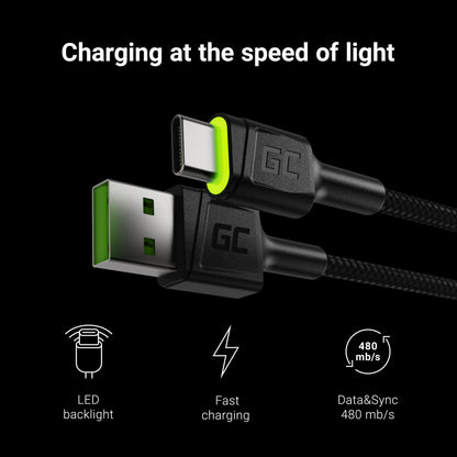 Green Cell Cable Ray USB Cable - USB-C 120cm with green LED backlight and support fast charging Ultra Charge, QC 3.0_2