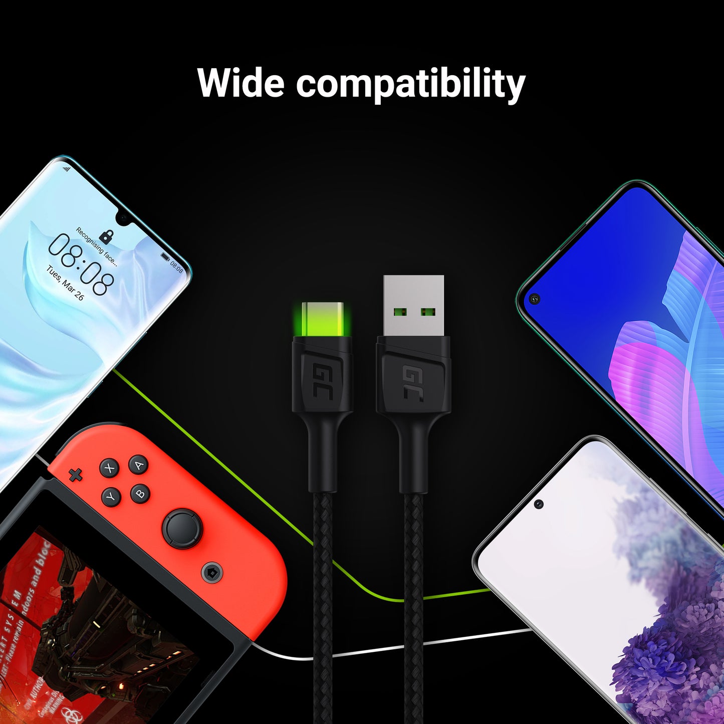 Green Cell Cable Ray USB Cable - USB-C 120cm with green LED backlight and support fast charging Ultra Charge, QC 3.0_4