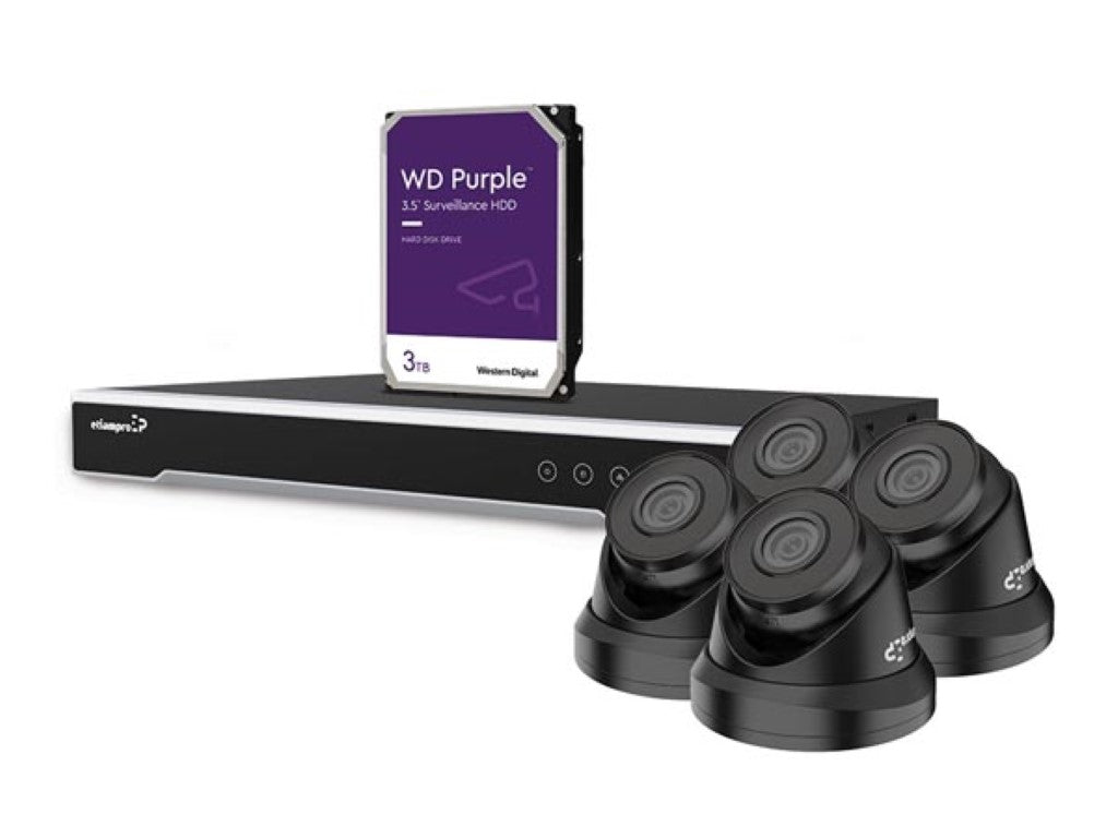 CONJUNTO DE CÂMARA DE SEGURANÇA IP DE 4 MP - NVR DE 8 CANAIS - 4 x CÂMARA DOME IP PRETA - 3 TB HD - CABOS_0