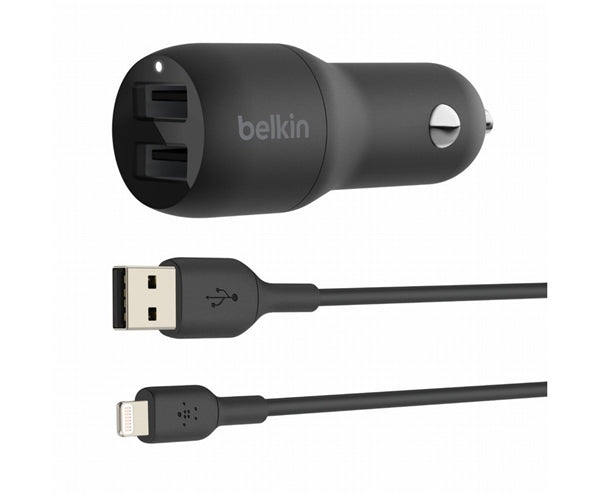 CARICABATTERIE DA AUTO 2 PORTE USB + CAVO DA USB-A A LIGHTNING 1M - NERO_0