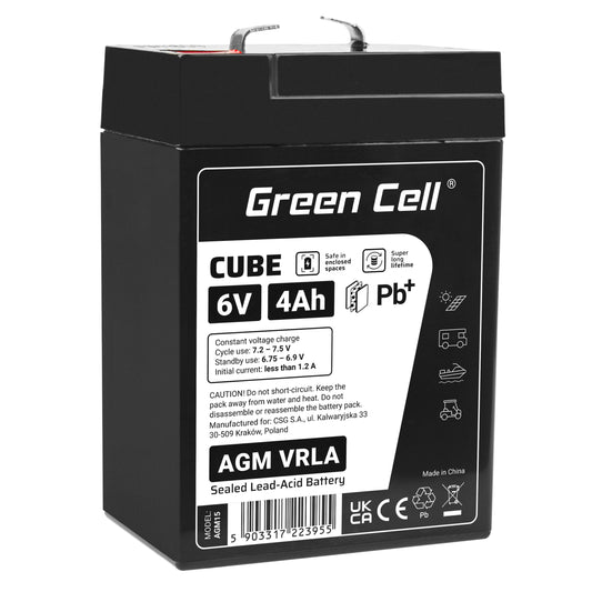 Green Cell Cube AGM VRLA IP54 6V 4Ah bezobsługowy akumulator do systemu alarmowego kasy fiskalnej zabawki_0