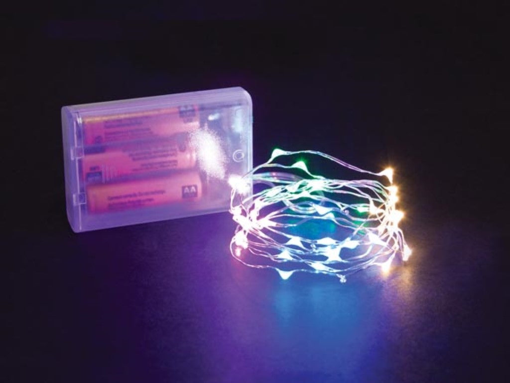 Microlight LED - 2 m - 40 lâmpadas multicoloridas - fio prateado - pilhas não fornecidas_0