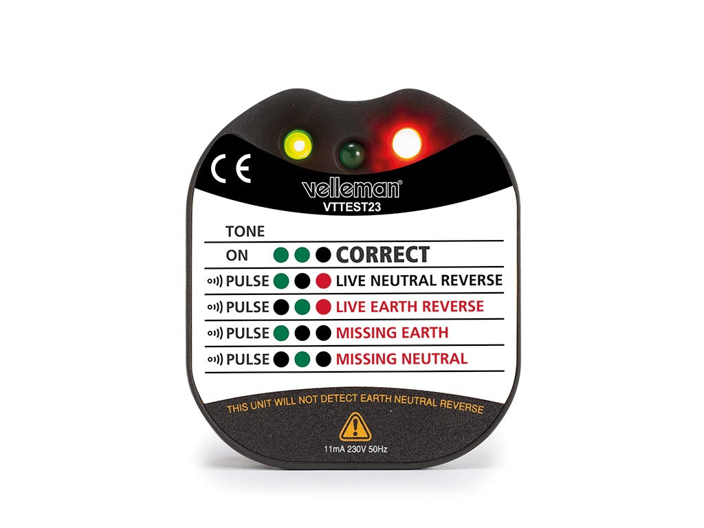 Teste de tensão e terra para tomadas de parede - Cat II - 230 V - Indicação por LED e sinal sonoro - Tipo E/F (França/Alemanha)_0