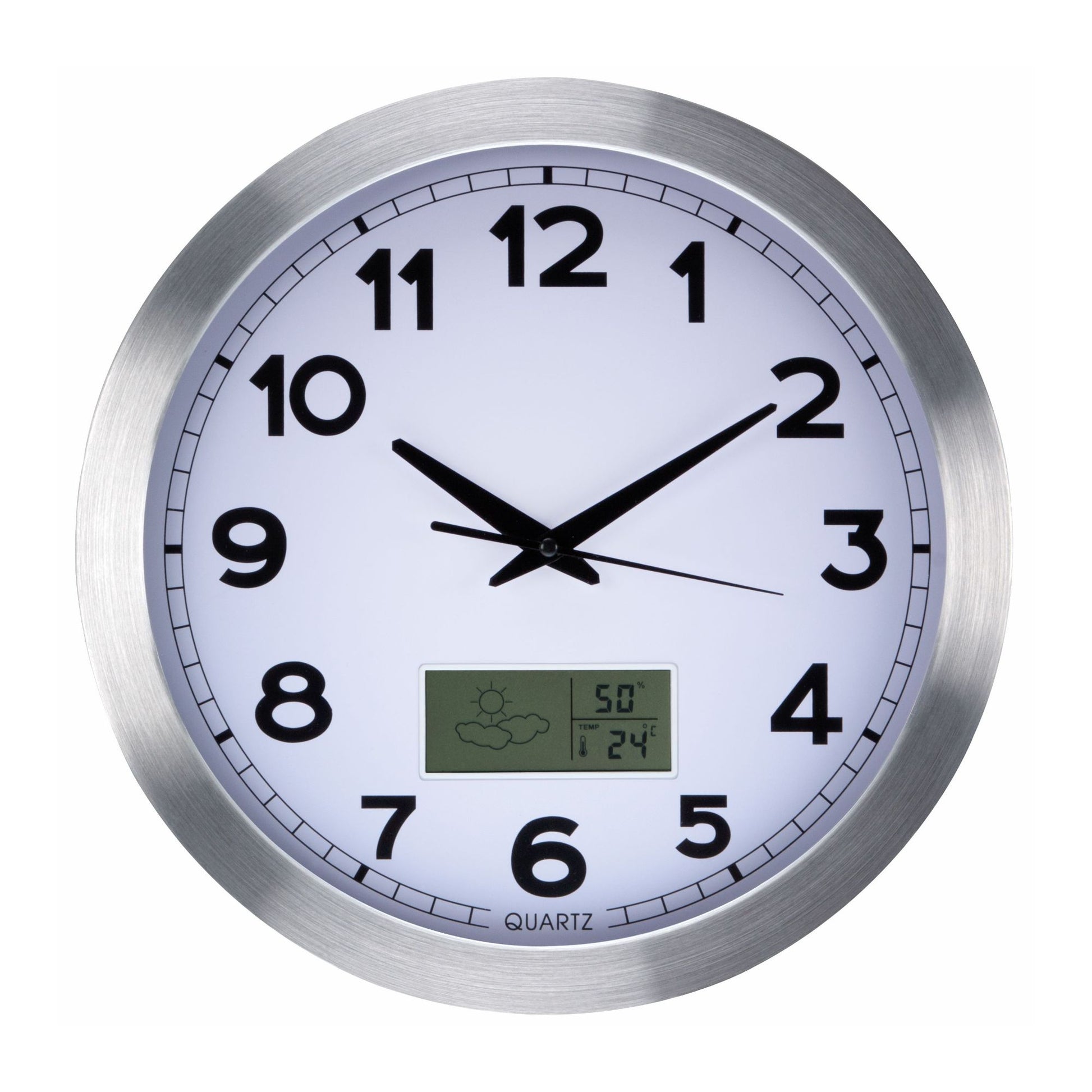 RELÓGIO DE PAREDE EM ALUMÍNIO COM LCD, TERMÓMETRO, HIGRÓMETRO E PREVISÃO DO TEMPO  Ø 35 cm_0