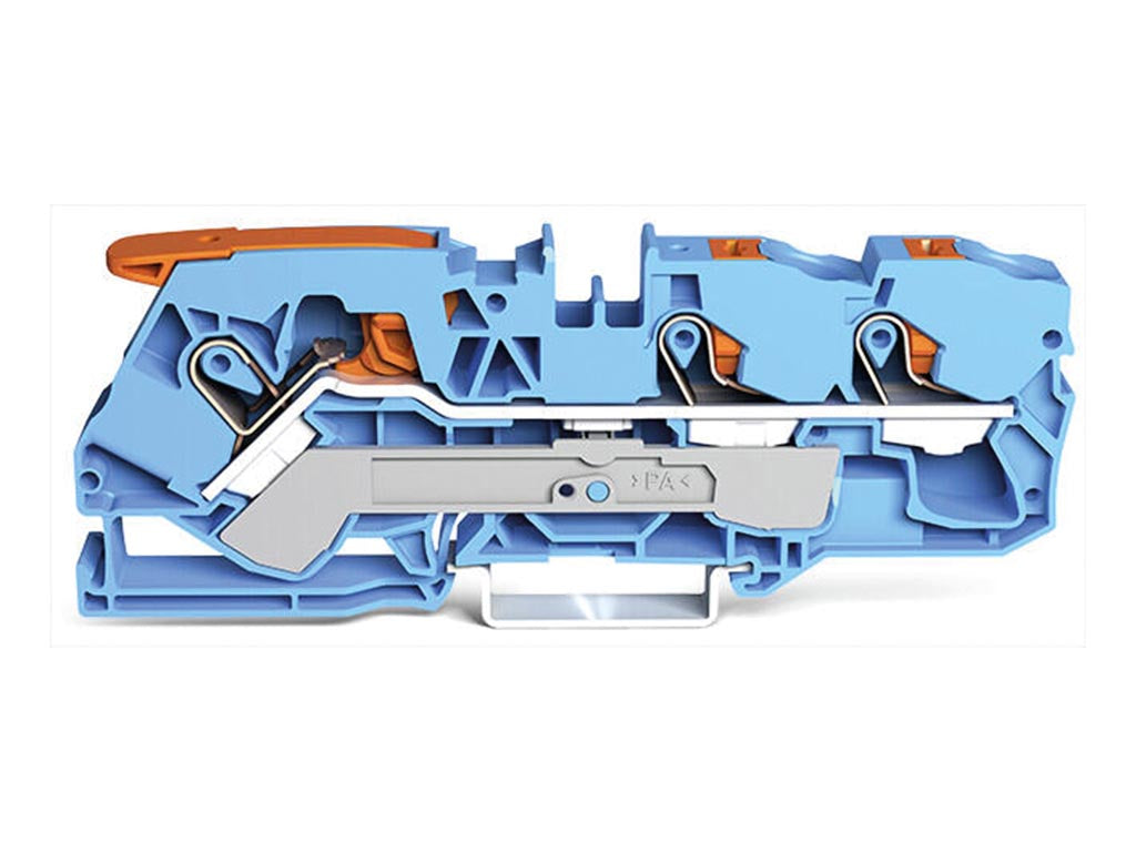 Bloco de terminais de passagem de 3 condutores com alavanca e botão de pressão 10 mm², azul_0