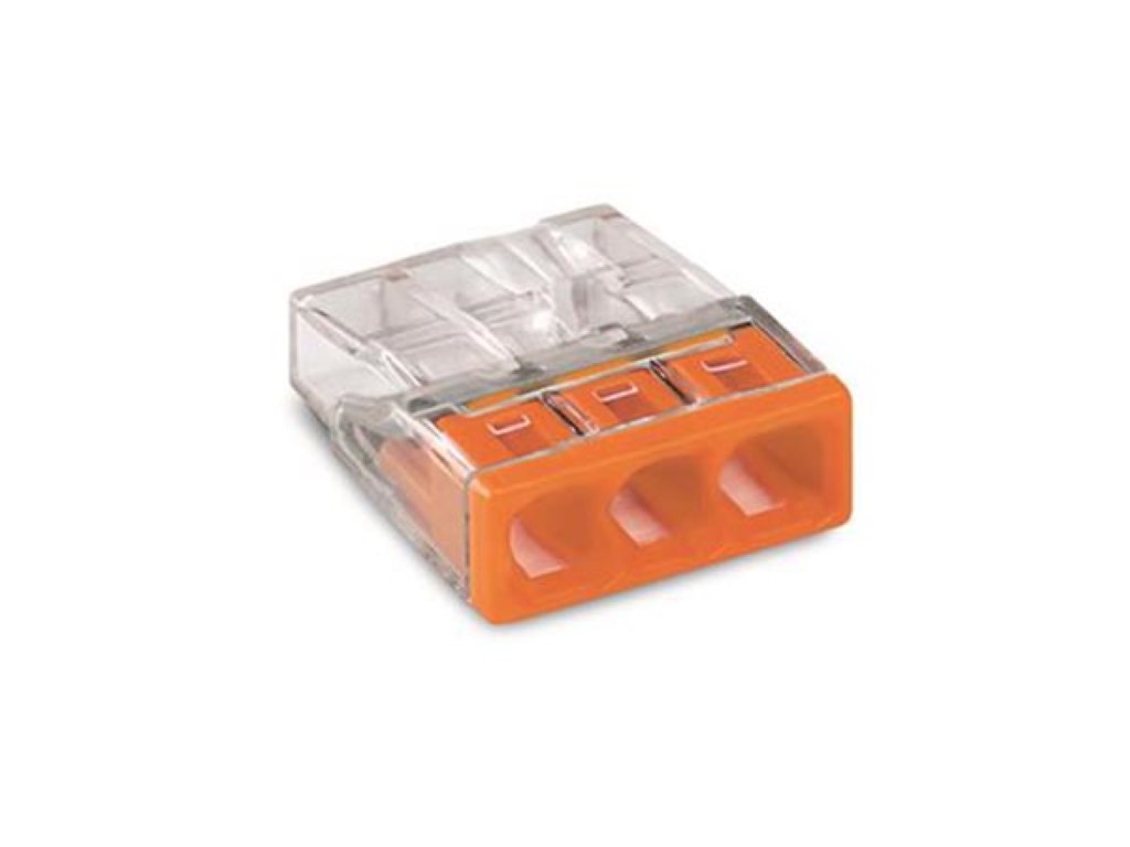 CONECTOR DE EMENDA COMPACTO - PARA CONDUTORES SÓLIDOS - máx. 2.5 mm² - 3 CONDUTORES -  INVÓLUCRO TRANSPARENTE - TAMPA LARANJA_0