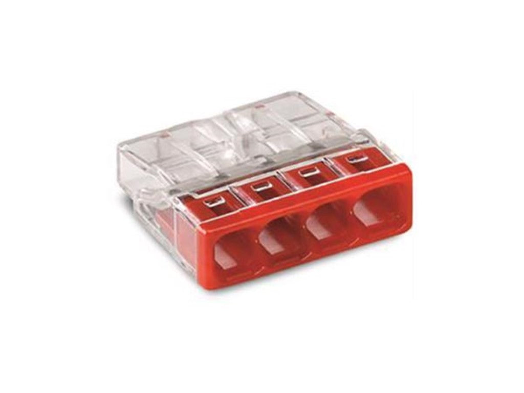 CONECTOR DE EMENDA COMPACTO - PARA CONDUTORES SÓLIDOS - máx. 2.5 mm² - 4 CONDUTORES -  INVÓLUCRO TRANSPARENTE - TAMPA VERMELHA_0